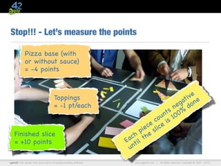 Stop!!! - Let’s measure the points

             Pizza base (with
             or without sauce)
             = -4 points



                                      Toppings                                               ive e
                                                                                           at on
                                      = -1 pt/each                                     n eg d
                                                                                   t s 0 0%
                                                                                 un 1
                                                                              co is
                                                                           ce lice
    Finished slice                                                      pie e s
                                                                     c h th
    = +10 points                                                   Ea til
                                                                    un
agile42 | We advise, train and coach companies building software      www.agile42.com |   All rights reserved. Copyright © 2007 - 2012.
 