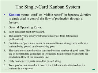 © 2007 Pearson Education
The Single-Card Kanban System
• Kanban means “card” or “visible record” in Japanese & refers
to cards used to control the flow of production through a
factory.
• General Operating Rules:
1. Each container must have a card.
2. The assembly line always withdraws materials from fabrication
(pull system).
3. Containers of parts must never be removed from a storage area without a
kanban being posted on the receiving post.
4. The containers should always contain the same number of good parts. The
use of nonstandard containers or irregularly filled containers disrupts the
production flow of the assembly line.
5. Only nondefective parts should be passed along.
6. Total production should not exceed the total amount authorized on the
kanbans in the system.
 