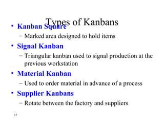 37
Types of Kanbans• Kanban Square
– Marked area designed to hold items
• Signal Kanban
– Triangular kanban used to signal production at the
previous workstation
• Material Kanban
– Used to order material in advance of a process
• Supplier Kanbans
– Rotate between the factory and suppliers
 