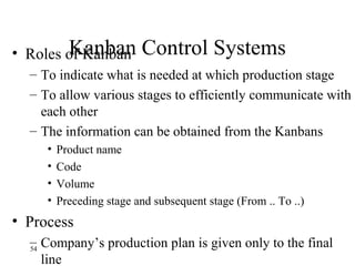 54
Kanban Control Systems• Roles of Kanban
– To indicate what is needed at which production stage
– To allow various stages to efficiently communicate with
each other
– The information can be obtained from the Kanbans
• Product name
• Code
• Volume
• Preceding stage and subsequent stage (From .. To ..)
• Process
– Company’s production plan is given only to the final
line
 