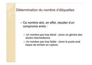 Détermination du nombre d’étiquettes
Ce nombre doit, en effet, résulter d’un
compromis entre :
Un nombre pas trop élevé : sinon on génère des
stocks intermédiaires.
Un nombre pas trop faible : sinon le poste aval
risque de tomber en rupture.
 