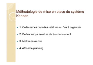 Méthodologie de mise en place du système
Kanban
1. Collecter les données relatives au flux à organiser
2. Définir les paramètres de fonctionnement
3. Mettre en œuvre
4. Affiner le planning
 