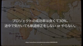 https://www.ﬂickr.com/photos/jurvetson/4662526430/
5
プロジェクトの成功率は良くて 30%。
途中で問題に気付いても軌道修正されない。
 