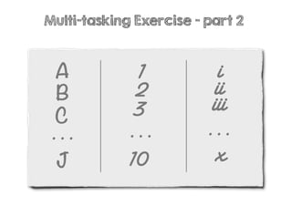 1 i
Multi-tasking Exercise - part 2
A
...
B
C
J
2
3
10
...
ii
iii
x
...
 