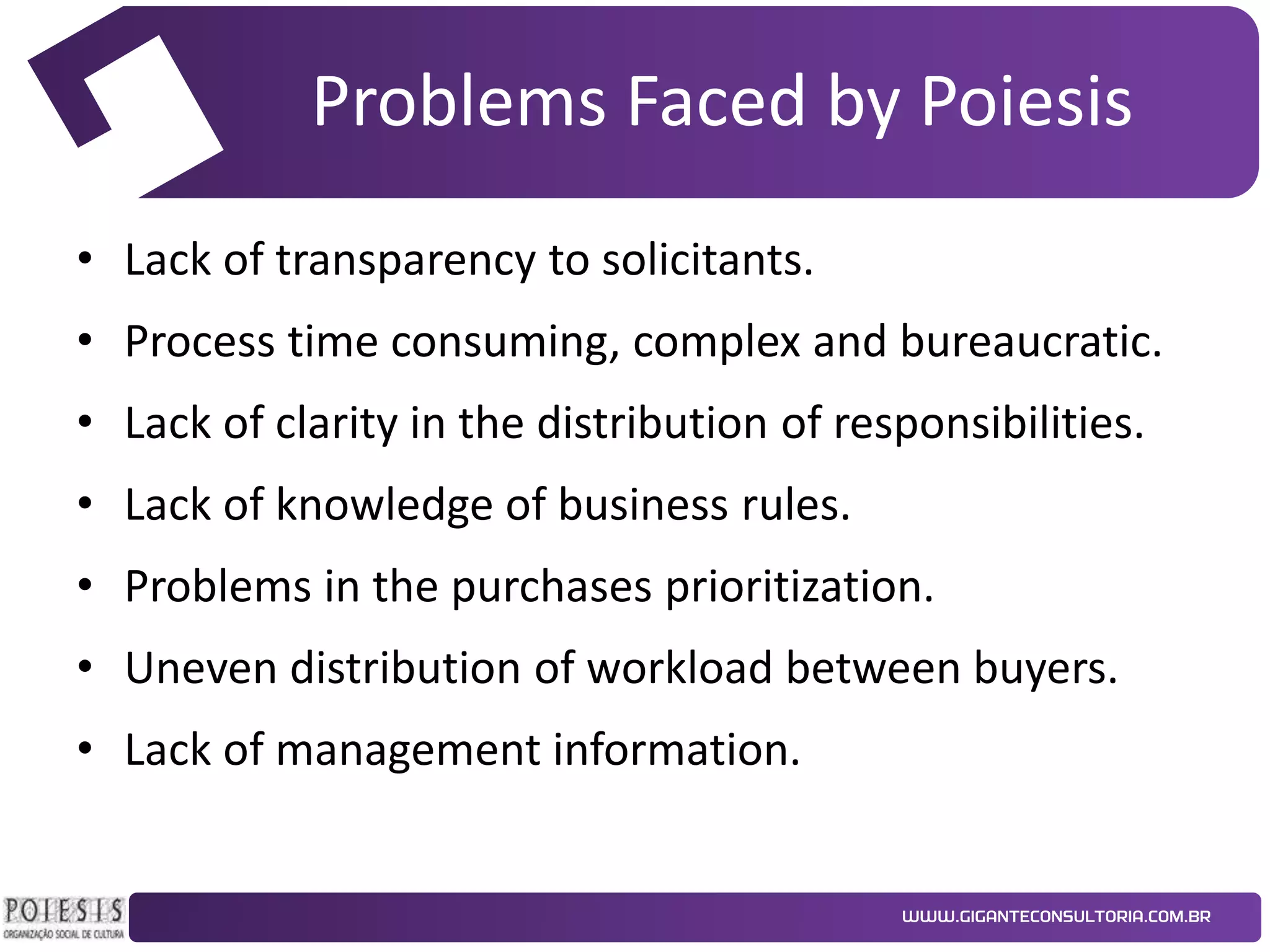 Problems Faced by Poiesis
• Lack of transparency to solicitants.
• Process time consuming, complex and bureaucratic.
• Lack of clarity in the distribution of responsibilities.

• Lack of knowledge of business rules.
• Problems in the purchases prioritization.
• Uneven distribution of workload between buyers.
• Lack of management information.

 