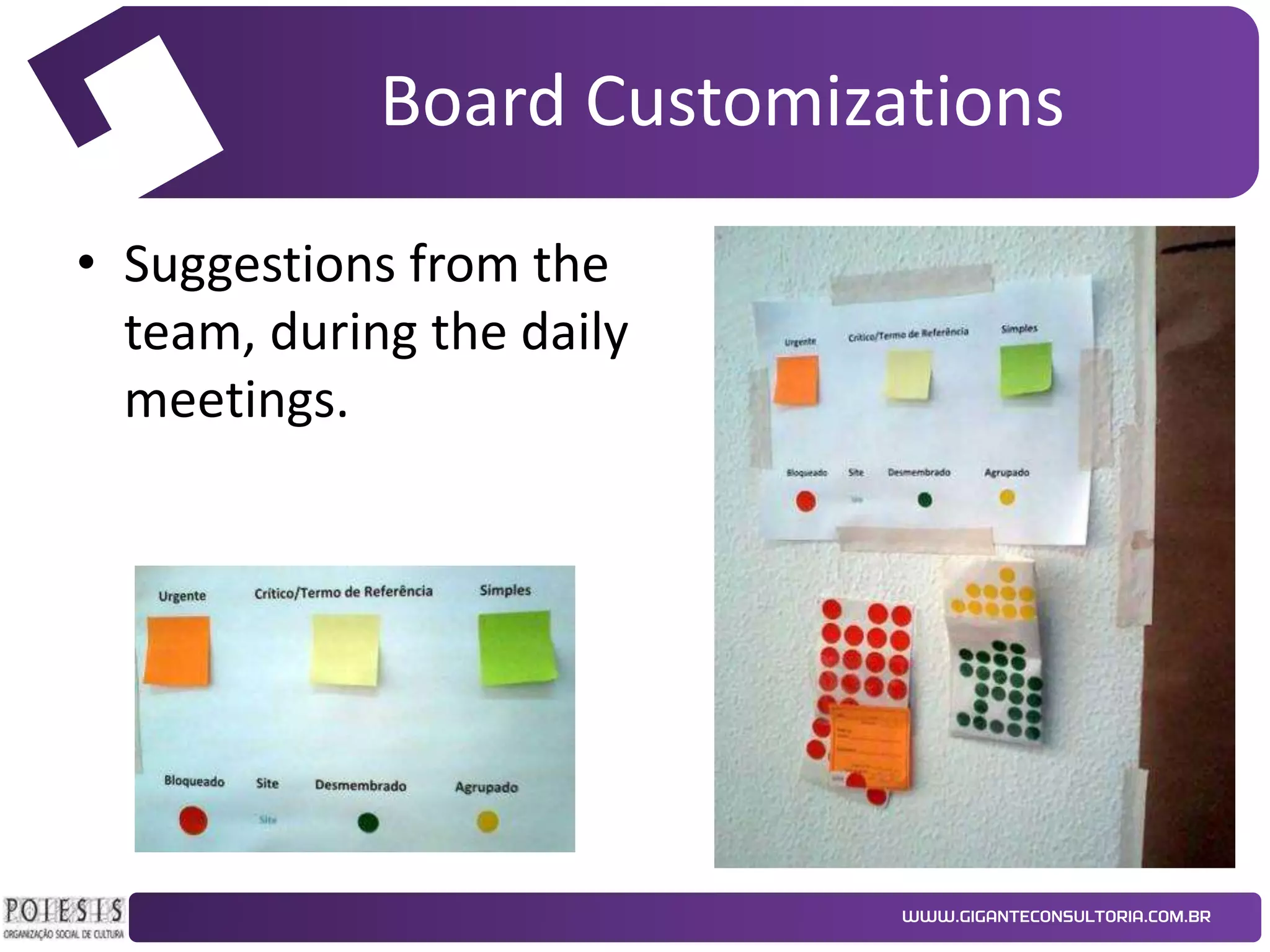 Board Customizations
• Suggestions from the
team, during the daily
meetings.

 