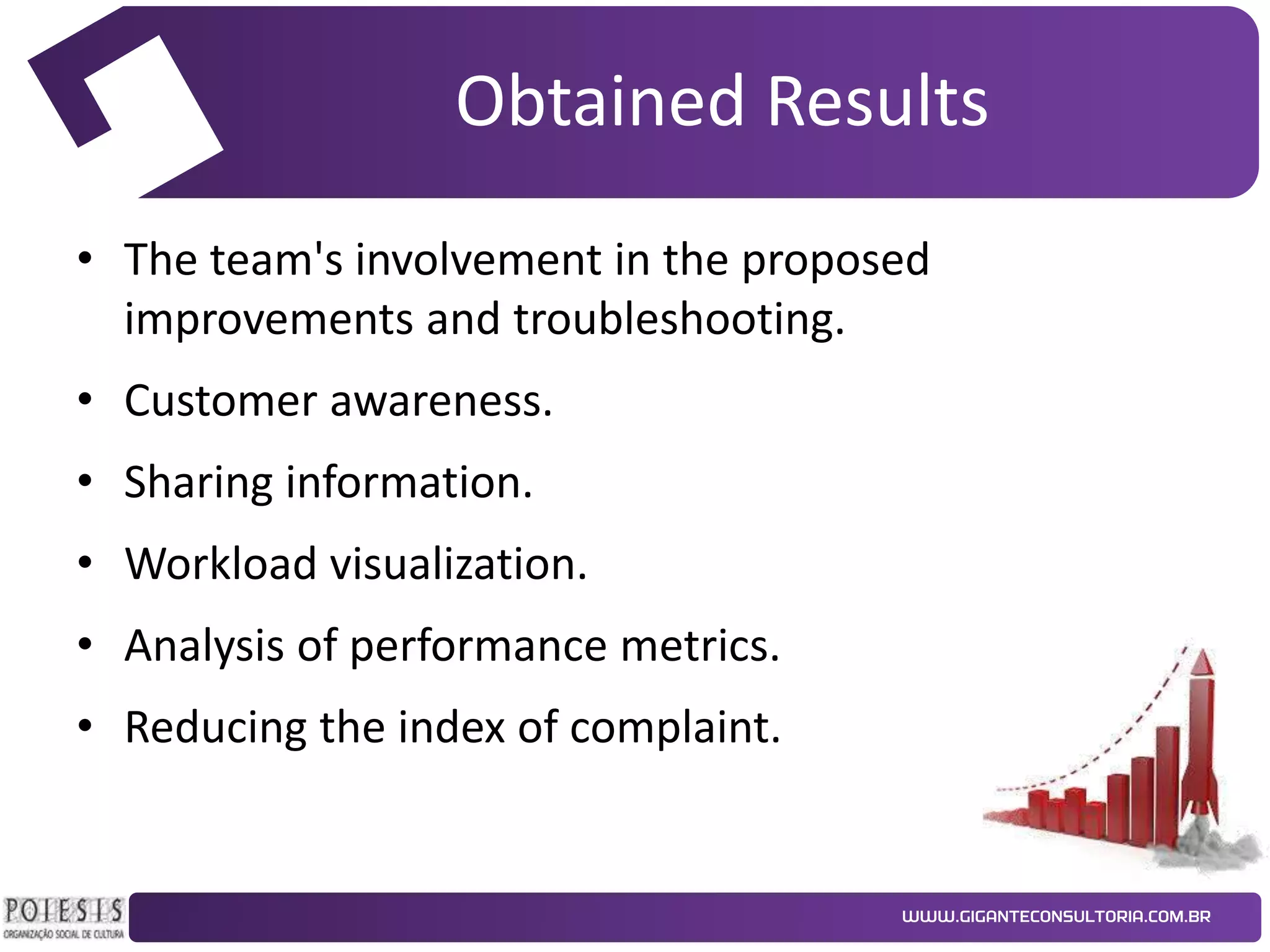 Obtained Results
• The team's involvement in the proposed
improvements and troubleshooting.
• Customer awareness.

• Sharing information.
• Workload visualization.
• Analysis of performance metrics.

• Reducing the index of complaint.

 
