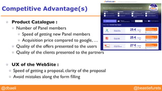 @YourTwitterHandle@YourTwitterHandle@beastiefurets@dbaeli
Competitive Advantage(s)
Product Catalogue :
Number of Panel members
Speed of getting new Panel members
Acquisition price compared to google, …
Quality of the offers presented to the users
Quality of the clients presented to the partners
UX of the WebSite :
Speed of getting a proposal, clarity of the proposal
Avoid mistakes along the form ﬁlling
 