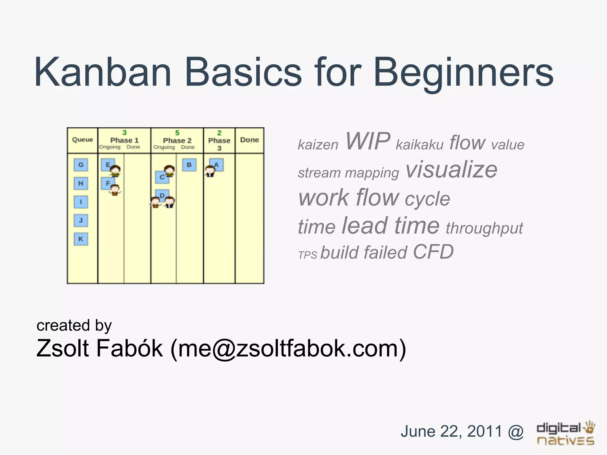 Kanban Basics for Beginners
                     kaizen WIP kaikaku flow value
                     stream mapping visualize
                     work flow cycle
                     time lead time throughput
                     TPS   build failed CFD


created by
Zsolt Fabók (me@zsoltfabok.com)


                                    June 22, 2011 @
 