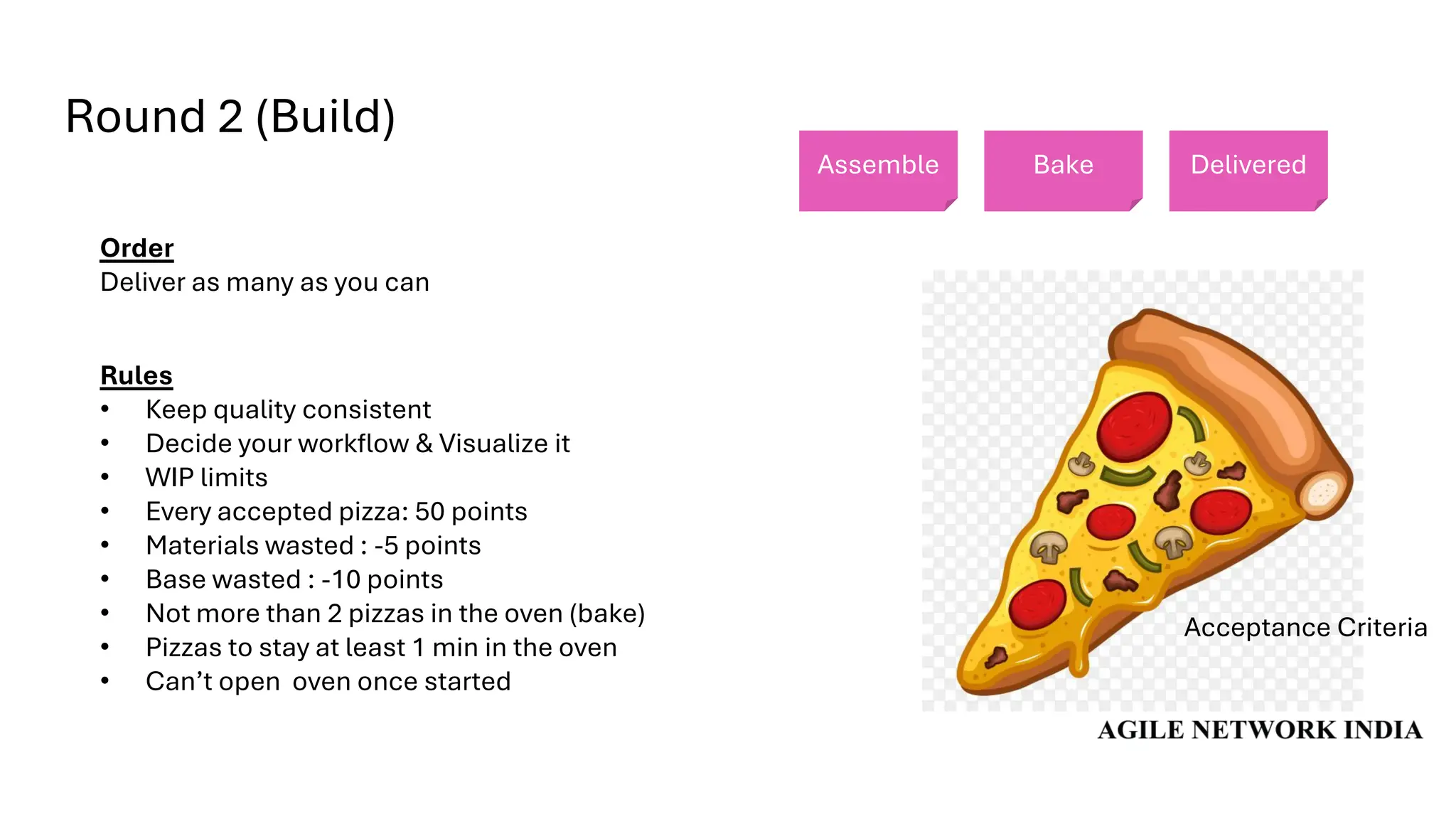 Round 2 (Build)
Acceptance Criteria
Order
Deliver as many as you can
Rules
• Keep quality consistent
• Decide your workflow & Visualize it
• WIP limits
• Every accepted pizza: 50 points
• Materials wasted : -5 points
• Base wasted : -10 points
• Not more than 2 pizzas in the oven (bake)
• Pizzas to stay at least 1 min in the oven
• Can’t open oven once started
Assemble Bake Delivered
 