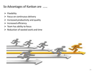 14
So Advantages of Kanban are ……
 Flexibility
 Focus on continuous delivery
 Increased productivity and quality
 Increased efficiency
 Team has ability to focus
 Reduction of wasted work and time
 