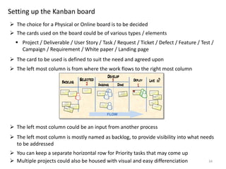 34
Setting up the Kanban board
 The choice for a Physical or Online board is to be decided
 The cards used on the board could be of various types / elements
 Project / Deliverable / User Story / Task / Request / Ticket / Defect / Feature / Test /
Campaign / Requirement / White paper / Landing page
 The card to be used is defined to suit the need and agreed upon
 The left most column is from where the work flows to the right most column
 The left most column could be an input from another process
 The left most column is mostly named as backlog, to provide visibility into what needs
to be addressed
 You can keep a separate horizontal row for Priority tasks that may come up
 Multiple projects could also be housed with visual and easy differenciation
 