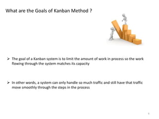 6
What are the Goals of Kanban Method ?
 The goal of a Kanban system is to limit the amount of work in process so the work
flowing through the system matches its capacity
 In other words, a system can only handle so much traffic and still have that traffic
move smoothly through the steps in the process
 