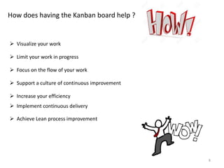 8
How does having the Kanban board help ?
 Visualize your work
 Limit your work in progress
 Focus on the flow of your work
 Support a culture of continuous improvement
 Increase your efficiency
 Implement continuous delivery
 Achieve Lean process improvement
 