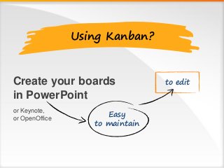 Create your boards
in PowerPoint
or Keynote,
or OpenOffice
Using Kanban?
to edit
Easy
to maintain
 