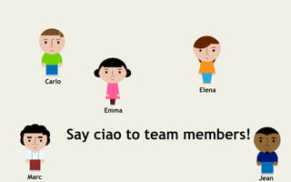Say ciao to team members!
Carlo
Elena
Marc Jean
Emma
 