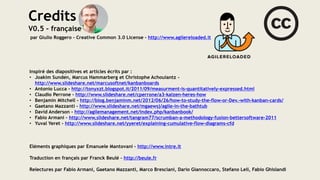 Credits
V0.5 – française
par Giulio Roggero – Creative Common 3.0 License – http://www.agilereloaded.it
Inspiré des diapositives et articles écrits par :
• Joakim Sundén, Marcus Hammarberg et Christophe Achouiantz -
http://www.slideshare.net/marcusoftnet/kanbanboards
• Antonio Lucca - http://tonyxzt.blogspot.it/2011/09/measurment-is-quantitatively-expressed.html
• Claudio Perrone - http://www.slideshare.net/cperrone/a3-kaizen-heres-how
• Benjamin Mitchell - http://blog.benjaminm.net/2012/06/26/how-to-study-the-flow-or-Dev.-with-kanban-cards/
• Gaetano Mazzanti - http://www.slideshare.net/mgaewsj/agile-in-the-bathtub
• David Anderson - http://agilemanagement.net/index.php/kanbanbook/
• Fabio Armani - http://www.slideshare.net/tangram77/scrumban-a-methodology-fusion-bettersoftware-2011
• Yuval Yeret - http://www.slideshare.net/yyeret/explaining-cumulative-flow-diagrams-cfd
Eléments graphiques par Emanuele Mantovani – http://www.intre.it
Traduction en français par Franck Beulé – http://beule.fr
Relectures par Fabio Armani, Gaetano Mazzanti, Marco Bresciani, Dario Giannoccaro, Stefano Leli, Fabio Ghislandi
 
