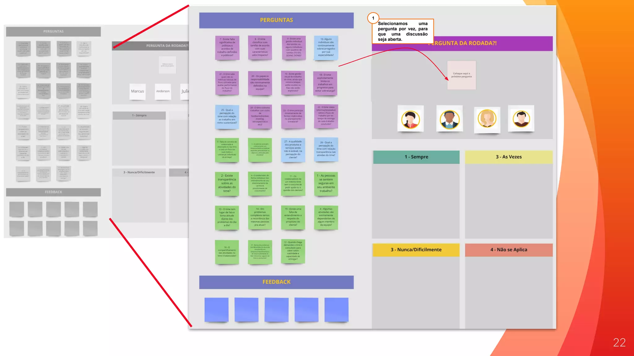 22
Selecionamos uma
pergunta por vez, para
que uma discussão
seja aberta.
1
 
