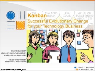 Kanban
Successful Evolutionary Change
for your Technology Business

What is Kanban?
How do you implement it?
What are the benefits?
Color in Projects
Bucharest, March 2013

dja@djaa.com, @djaa_dja

 