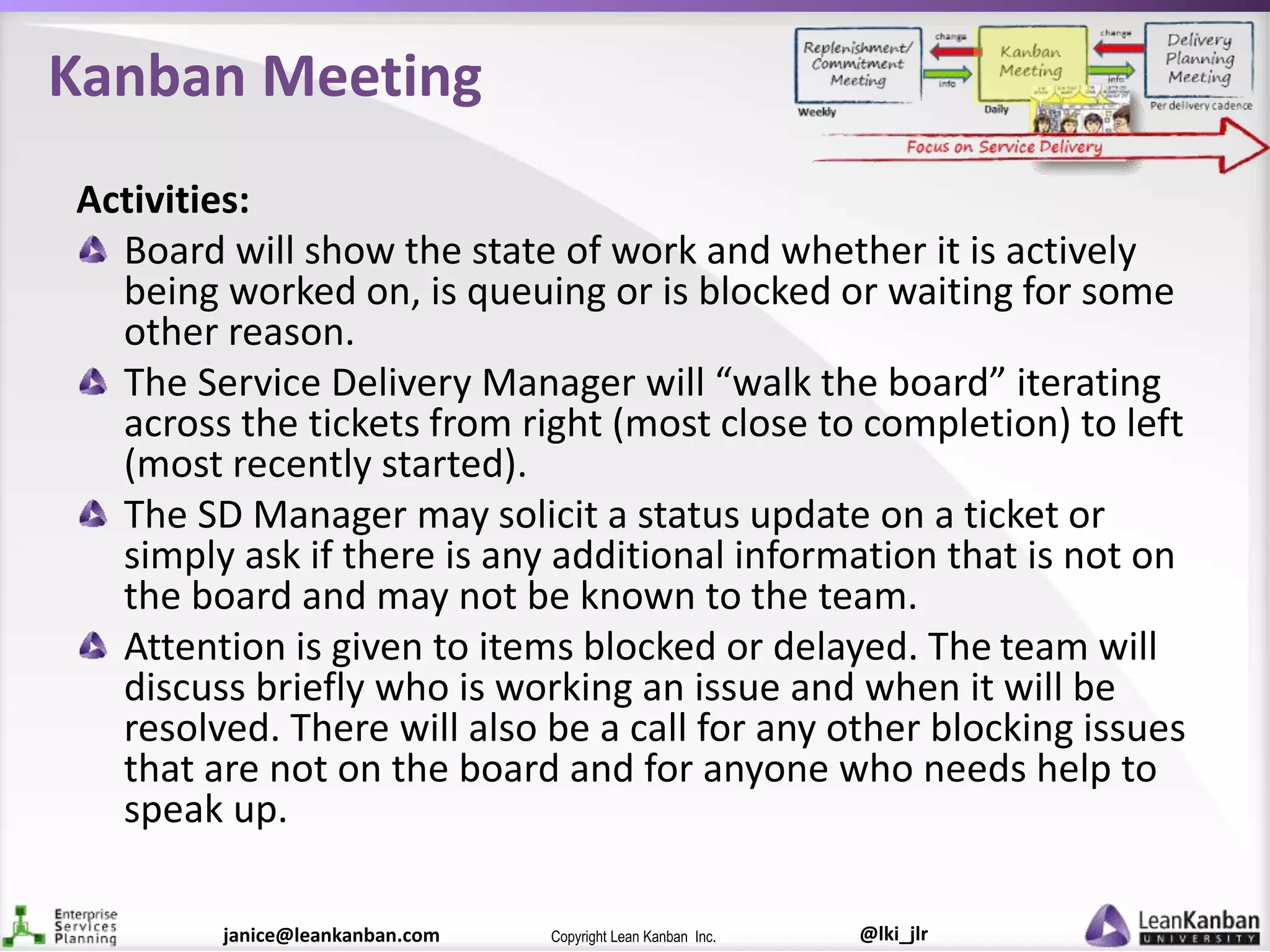 @lki_jlrCopyright Lean Kanban Inc.janice@leankanban.com
Kanban Meeting
Activities:
Board will show the state of work and whether it is actively
being worked on, is queuing or is blocked or waiting for some
other reason.
The Service Delivery Manager will “walk the board” iterating
across the tickets from right (most close to completion) to left
(most recently started).
The SD Manager may solicit a status update on a ticket or
simply ask if there is any additional information that is not on
the board and may not be known to the team.
Attention is given to items blocked or delayed. The team will
discuss briefly who is working an issue and when it will be
resolved. There will also be a call for any other blocking issues
that are not on the board and for anyone who needs help to
speak up.
 