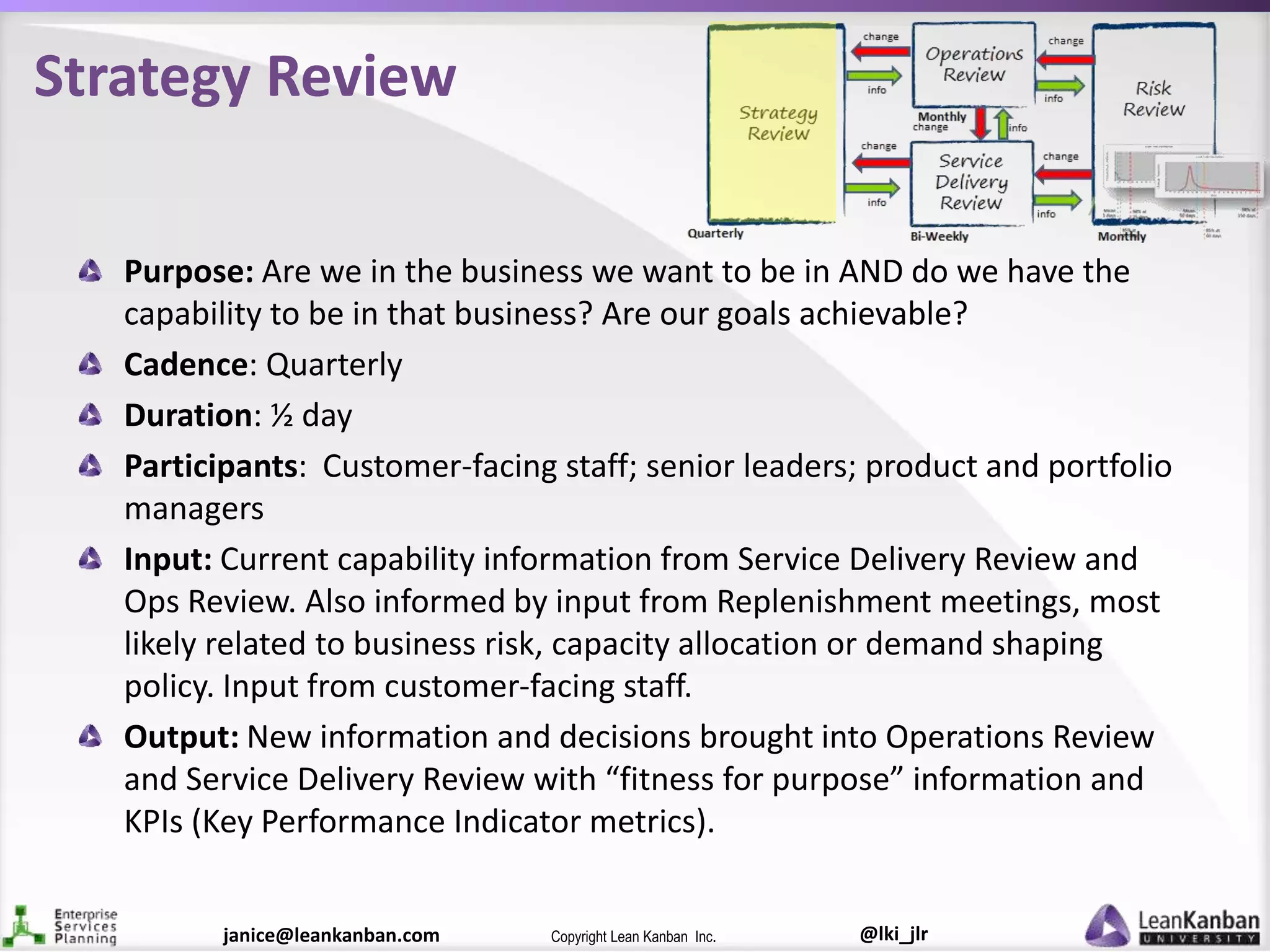 @lki_jlrCopyright Lean Kanban Inc.janice@leankanban.com
Strategy Review
Purpose: Are we in the business we want to be in AND do we have the
capability to be in that business? Are our goals achievable?
Cadence: Quarterly
Duration: ½ day
Participants: Customer-facing staff; senior leaders; product and portfolio
managers
Input: Current capability information from Service Delivery Review and
Ops Review. Also informed by input from Replenishment meetings, most
likely related to business risk, capacity allocation or demand shaping
policy. Input from customer-facing staff.
Output: New information and decisions brought into Operations Review
and Service Delivery Review with “fitness for purpose” information and
KPIs (Key Performance Indicator metrics).
 