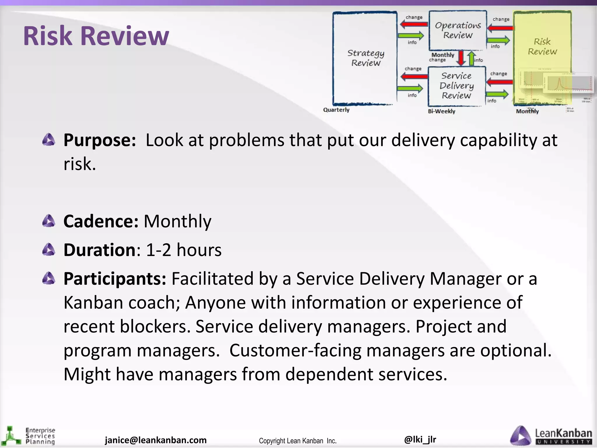 @lki_jlrCopyright Lean Kanban Inc.janice@leankanban.com
Risk Review
Purpose: Look at problems that put our delivery capability at
risk.
Cadence: Monthly
Duration: 1-2 hours
Participants: Facilitated by a Service Delivery Manager or a
Kanban coach; Anyone with information or experience of
recent blockers. Service delivery managers. Project and
program managers. Customer-facing managers are optional.
Might have managers from dependent services.
 