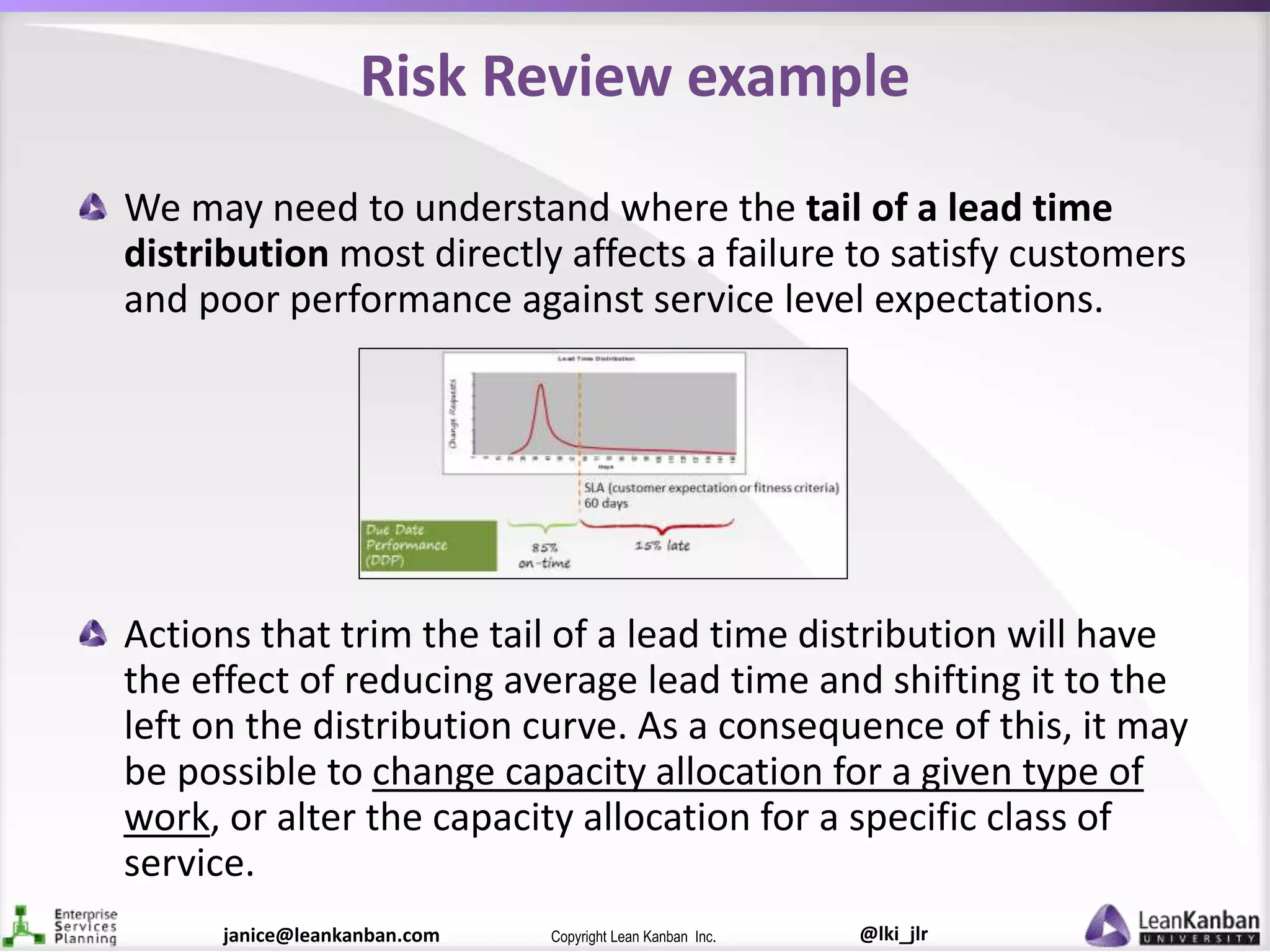 @lki_jlrCopyright Lean Kanban Inc.janice@leankanban.com
Risk Review example
We may need to understand where the tail of a lead time
distribution most directly affects a failure to satisfy customers
and poor performance against service level expectations.
Actions that trim the tail of a lead time distribution will have
the effect of reducing average lead time and shifting it to the
left on the distribution curve. As a consequence of this, it may
be possible to change capacity allocation for a given type of
work, or alter the capacity allocation for a specific class of
service.
 