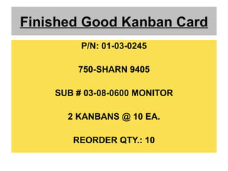 Finished Good Kanban Card
         P/N: 01-03-0245

        750-SHARN 9405

    SUB # 03-08-0600 MONITOR

      2 KANBANS @ 10 EA.

       REORDER QTY.: 10
 