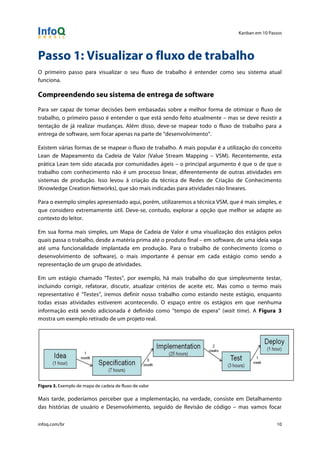 Kanban em 10 Passos
!
infoq.com/br 10
Passo 1: Visualizar o fluxo de trabalho
O primeiro passo para visualizar o seu fluxo de trabalho é entender como seu sistema atual
funciona.
Compreendendo seu sistema de entrega de software
Para ser capaz de tomar decisões bem embasadas sobre a melhor forma de otimizar o fluxo de
trabalho, o primeiro passo é entender o que está sendo feito atualmente – mas se deve resistir a
tentação de já realizar mudanças. Além disso, deve-se mapear todo o fluxo de trabalho para a
entrega de software, sem focar apenas na parte de “desenvolvimento”.
Existem várias formas de se mapear o fluxo de trabalho. A mais popular é a utilização do conceito
Lean de Mapeamento da Cadeia de Valor (Value Stream Mapping – VSM). Recentemente, esta
prática Lean tem sido atacada por comunidades ágeis – o principal argumento é que o de que o
trabalho com conhecimento não é um processo linear, diferentemente de outras atividades em
sistemas de produção. Isso levou à criação da técnica de Redes de Criação de Conhecimento
(Knowledge Creation Networks), que são mais indicadas para atividades não lineares.
Para o exemplo simples apresentado aqui, porém, utilizaremos a técnica VSM, que é mais simples, e
que considero extremamente útil. Deve-se, contudo, explorar a opção que melhor se adapte ao
contexto do leitor.
Em sua forma mais simples, um Mapa de Cadeia de Valor é uma visualização dos estágios pelos
quais passa o trabalho, desde a matéria prima até o produto final – em software, de uma ideia vaga
até uma funcionalidade implantada em produção. Para o trabalho de conhecimento (como o
desenvolvimento de software), o mais importante é pensar em cada estágio como sendo a
representação de um grupo de atividades.
Em um estágio chamado “Testes”, por exemplo, há mais trabalho do que simplesmente testar,
incluindo corrigir, refatorar, discutir, atualizar critérios de aceite etc. Mas como o termo mais
representativo é “Testes”, iremos definir nosso trabalho como estando neste estágio, enquanto
todas essas atividades estiverem acontecendo. O espaço entre os estágios em que nenhuma
informação está sendo adicionada é definido como “tempo de espera” (wait time). A Figura 3
mostra um exemplo retirado de um projeto real.
Figura 3. Exemplo de mapa de cadeia de fluxo de valor
Mais tarde, poderíamos perceber que a implementação, na verdade, consiste em Detalhamento
das histórias de usuário e Desenvolvimento, seguido de Revisão de código – mas vamos focar
 
