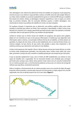 Kanban em 10 Passos
!
infoq.com/br 15
Uma abordagem mais radical seria determinar limites de trabalho em progresso muito pequenos;
menores do que o seu sistema é capaz de lidar e colocar um buffer antes de cada estágio. Observa-
se, então, onde o trabalho se acumula e gradualmente ajusta-se o limite do WIP até que o trabalho
flua através do sistema. Ambas as abordagens requerem experiência e não se espera um acerto
logo na primeira tentativa. Não há conclusão definitiva quanto à melhor abordagem, mas
recomenda-se manter suas políticas de trabalho em mente, nas duas situações.
Em qualquer situação, é importante que se determine uma política explícita sobre como serão
tomadas as decisões para alterar um limite. Para maximizar o aprendizado, o ideal é tomar essas
decisões em conjunto com a equipe, garantindo que todos possam expor suas opiniões e entender
as decisões. Não se trata apenas do fluxo, mas também de aprendizado.
Lembre-se sempre que os limites iniciais de trabalho em progresso são apenas bons palpites,
dados em um momento em que se tem poucas informações. À medida que são adquiridas mais
informações sobre o sistema, e encontradas melhores formas de se trabalhar, os limites devem ser
ajustados. Se, depois de três meses, ainda se está trabalhando com os mesmos limites iniciais e os
mesmos estágios, há boa chance de que tenha sido perdido o passo mais importante: o de
melhoria contínua, que cobriremos mais tarde em mais detalhes.
Limites muito pequenos irão impedir o fluxo e deixar pessoas ociosas por tempo demais; ou então
os limites serão simplesmente ignorados, sem discussões sérias. Limites muito soltos, por outro
lado, aumentam o tempo de ciclo e mantêm o trabalho parado por mais tempo do que necessário.
O que se percebe rapidamente é que, com os limites de WIP estabelecidos, seu sistema só será
capaz de trabalhar até a capacidade. Vai ser necessário finalizar uma atividade para conseguir
permissão para começar outra. Apesar disso parecer trivial, trata-se de um conceito fundamental
em um sistema puxado Lean, e uma ferramenta poderosa na busca por um sistema de entrega de
software que seja eficaz, sustentável e previsível.
Pode-se imaginar o funcionamento de um sistema puxado como uma corrente de clipes de papel.
Enquanto estiver puxando a corrente pela mesa por uma das pontas, os clipes seguem em uma fila
organizada, mas caso se decida empurrá-los, há o caos (veja a Figura 7).
Figura 7. Pull contra Push: a metáfora da cadeia de clips
 