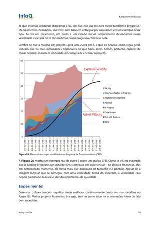 Kanban em 10 Passos
!
infoq.com/br 38
Já que estamos utilizando diagramas CFD, por que não usá-los para medir também o progresso?
Os orçamentos, na maioria, são feitos com base em entregas; por isso vamos ver um exemplo desse
tipo. Ao ter um orçamento, um prazo e um escopo inicial, simplesmente desenhamos nossa
velocidade esperada no CFD e medimos nosso progresso com base nela.
Lembre-se que a maioria dos projetos gera uma curva em S, e que os desvios, como regra geral,
indicam que há mais informações disponíveis do que havia antes. Somos, portanto, capazes de
tomar decisões mais bem embasadas (inclusive a de encerrar o projeto).
Figura 20. Planos de entregas visualizados no diagrama de fluxo cumulativo (CFD)
A Figura 20 mostra um exemplo real de curva S sobre um gráfico CFD. Como se vê, era esperado
que o backlog crescesse por volta de 40% (com base em experiência) – de 28 para 40 pontos. Mas
em determinado momento, ele havia mais que duplicado de tamanho (57 pontos). Apesar de a
imagem mostrar que se começou com uma velocidade acima do esperado, a velocidade caiu
depois da metade da release, devido a problemas de qualidade.
Experimente!
Gerenciar o fluxo também significa tentar melhorar continuamente (visto em mais detalhes no
Passo 10). Muitos projetos fazem isso às cegas, sem ter como saber se as alterações foram de fato
bem sucedidas.
 