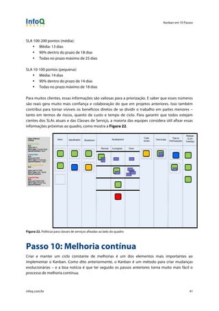 Kanban em 10 Passos
!
infoq.com/br 41
SLA 100-200 pontos (média):
• Média: 13 dias
• 90% dentro do prazo de 18 dias
• Todas no prazo máximo de 25 dias
SLA 10-100 pontos (pequena):
• Média: 14 dias
• 90% dentro do prazo de 14 dias
• Todas no prazo máximo de 18 dias
Para muitos clientes, essas informações são valiosas para a priorização. E saber que esses números
são reais gera muito mais confiança e colaboração do que em projetos anteriores. Isso também
contribui para tornar visíveis os benefícios diretos de se dividir o trabalho em partes menores –
tanto em termos de riscos, quanto de custo e tempo de ciclo. Para garantir que todos estejam
cientes dos SLAs atuais e das Classes de Serviço, a maioria das equipes considera útil afixar essas
informações próximas ao quadro, como mostra a Figura 22.
Figura 22. Políticas para classes de serviços afixadas ao lado do quadro
Passo 10: Melhoria contínua
Criar e manter um ciclo constante de melhorias é um dos elementos mais importantes ao
implementar o Kanban. Como dito anteriormente, o Kanban é um método para criar mudanças
evolucionárias – e a boa notícia é que ter seguido os passos anteriores torna muito mais fácil o
processo de melhoria contínua.
 