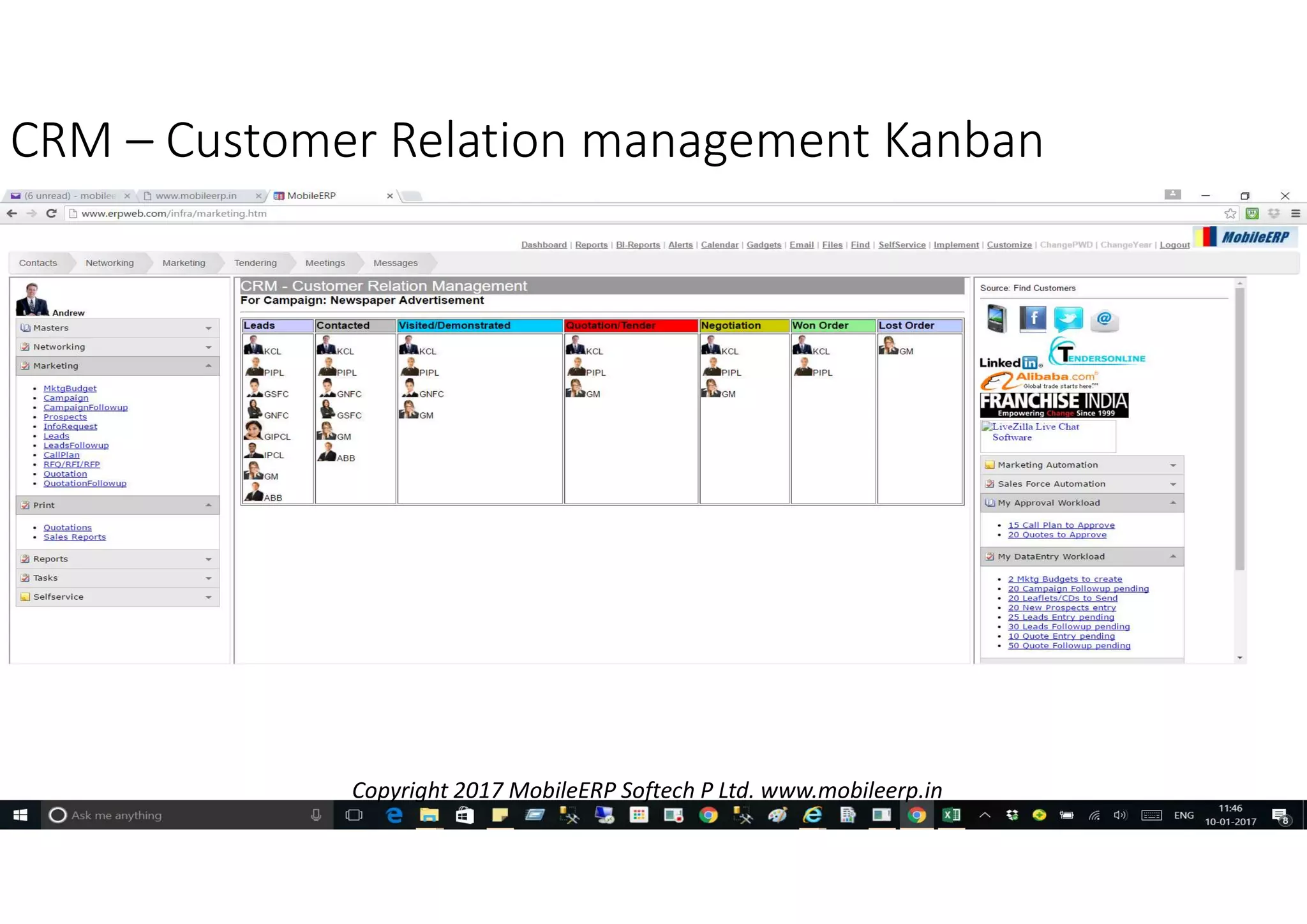 CRM – Customer Relation management Kanban
Copyright 2017 MobileERP Softech P Ltd. www.mobileerp.in
 