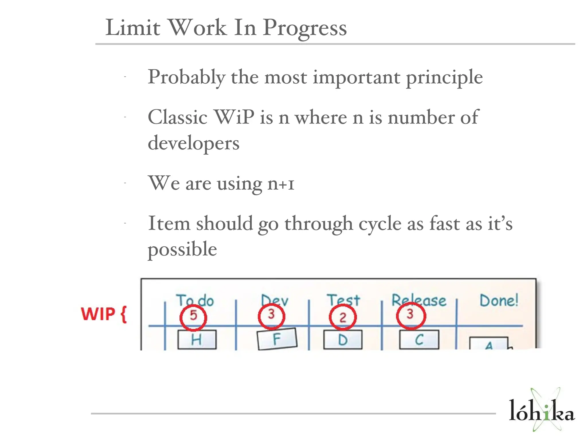 Probably the most important principle Classic WiP is n where n is number of developers We are using n+1 Item should go through cycle as fast as it’s possible Limit Work In Progress 