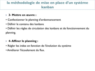  3- Mettre en œuvre :
• Confectionner le planning d'ordonnancement
• Définir le contenu des kanbans
• Définir les règles de circulation des kanbans et de fonctionnement du
planning.
 4- Affiner le planning :
• Régler les index en fonction de l'évolution du système
• Améliorer l'écoulement du flux.
la méthodologie de mise en place d’un système
kanban
 