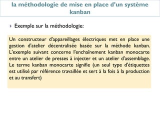  Exemple sur la méthodologie:
la méthodologie de mise en place d’un système
kanban
Un constructeur d'appareillages électriques met en place une
gestion d'atelier décentralisée basée sur la méthode kanban.
L'exemple suivant concerne l'enchaînement kanban monocarte
entre un atelier de presses à injecter et un atelier d'assemblage.
Le terme kanban monocarte signifie (un seul type d'étiquettes
est utilisé par référence travaillée et sert à la fois à la production
et au transfert)
 