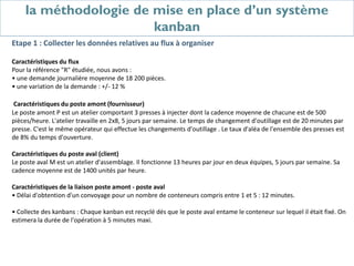 la méthodologie de mise en place d’un système
kanban
Etape 1 : Collecter les données relatives au flux à organiser
Caractéristiques du flux
Pour la référence "R" étudiée, nous avons :
• une demande journalière moyenne de 18 200 pièces.
• une variation de la demande : +/- 12 %
Caractéristiques du poste amont (fournisseur)
Le poste amont P est un atelier comportant 3 presses à injecter dont la cadence moyenne de chacune est de 500
pièces/heure. L'atelier travaille en 2x8, 5 jours par semaine. Le temps de changement d'outillage est de 20 minutes par
presse. C'est le même opérateur qui effectue les changements d'outillage . Le taux d'aléa de l'ensemble des presses est
de 8% du temps d'ouverture.
Caractéristiques du poste aval (client)
Le poste aval M est un atelier d'assemblage. Il fonctionne 13 heures par jour en deux équipes, 5 jours par semaine. Sa
cadence moyenne est de 1400 unités par heure.
Caractéristiques de la liaison poste amont - poste aval
• Délai d'obtention d'un convoyage pour un nombre de conteneurs compris entre 1 et 5 : 12 minutes.
• Collecte des kanbans : Chaque kanban est recyclé dés que le poste aval entame le conteneur sur lequel il était fixé. On
estimera la durée de l'opération à 5 minutes maxi.
 