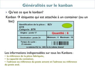Généralités sur le kanban
 Qu’est ce que le kanban?
Kanban  étiquette qui est attachée à un container (ou un
bac)
Les informations indispensables sur tous les Kanbans :
• la référence de la pièce fabriquée,
• la capacité du container,
• l'adresse ou référence du poste amont et l'adresse ou référence
du poste aval.
 