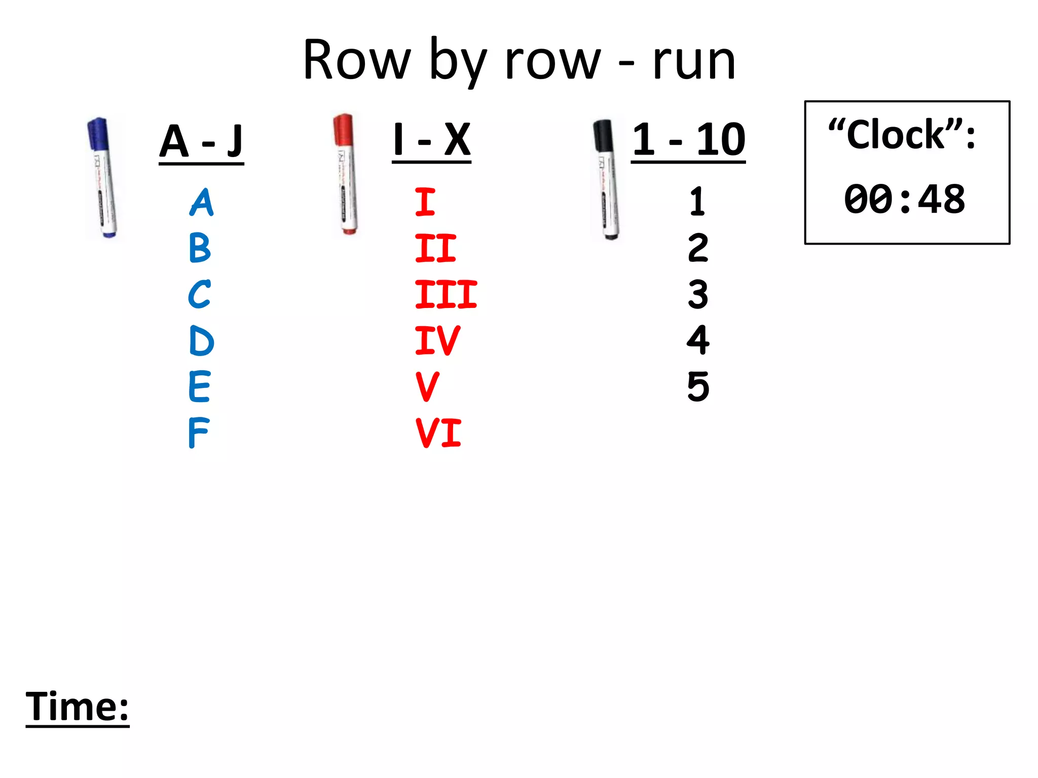 Row by row - run
A
B
C
D
E
F
I
II
III
IV
V
VI
1
2
3
4
5
A - J I - X 1 - 10
Time:
“Clock”:
00:48
 