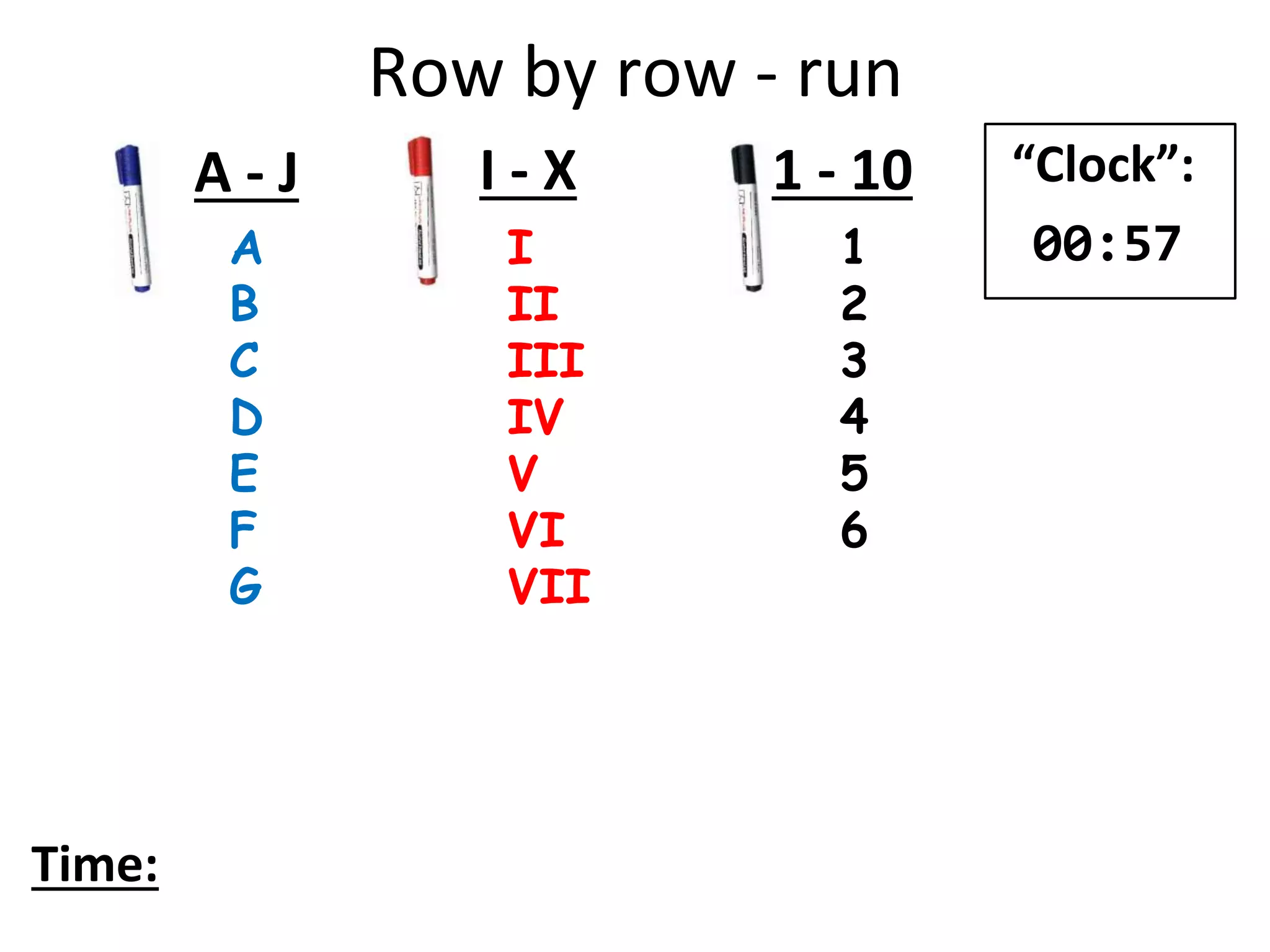 Row by row - run
A
B
C
D
E
F
G
I
II
III
IV
V
VI
VII
1
2
3
4
5
6
A - J I - X 1 - 10
Time:
“Clock”:
00:57
 