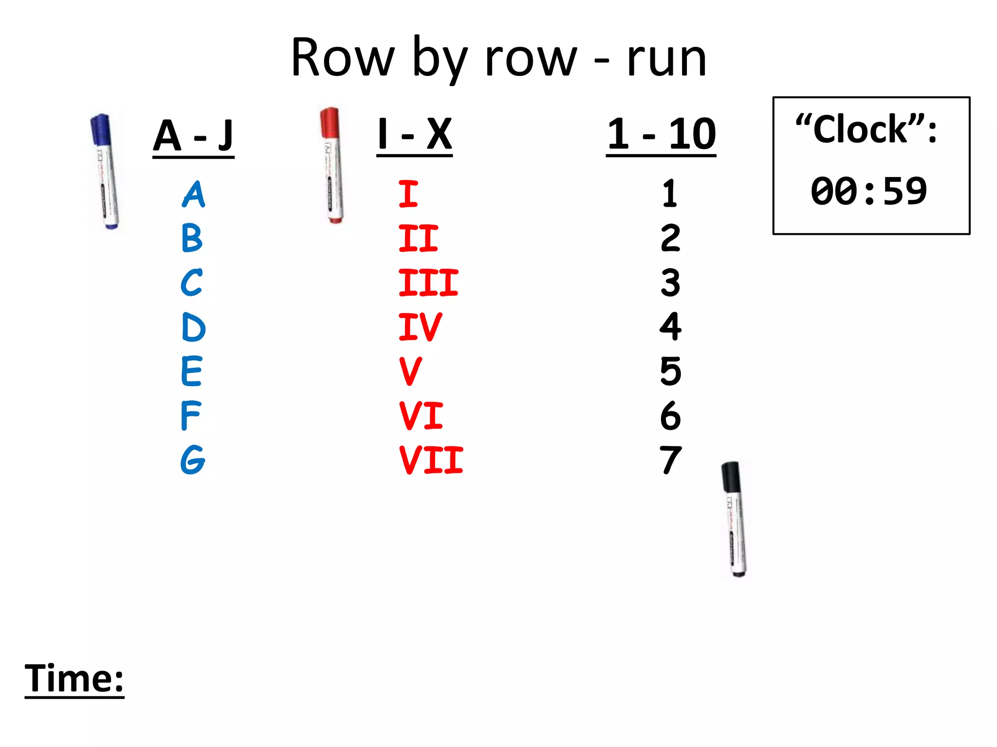Row by row - run
A
B
C
D
E
F
G
I
II
III
IV
V
VI
VII
1
2
3
4
5
6
7
A - J I - X 1 - 10
Time:
“Clock”:
00:59
 