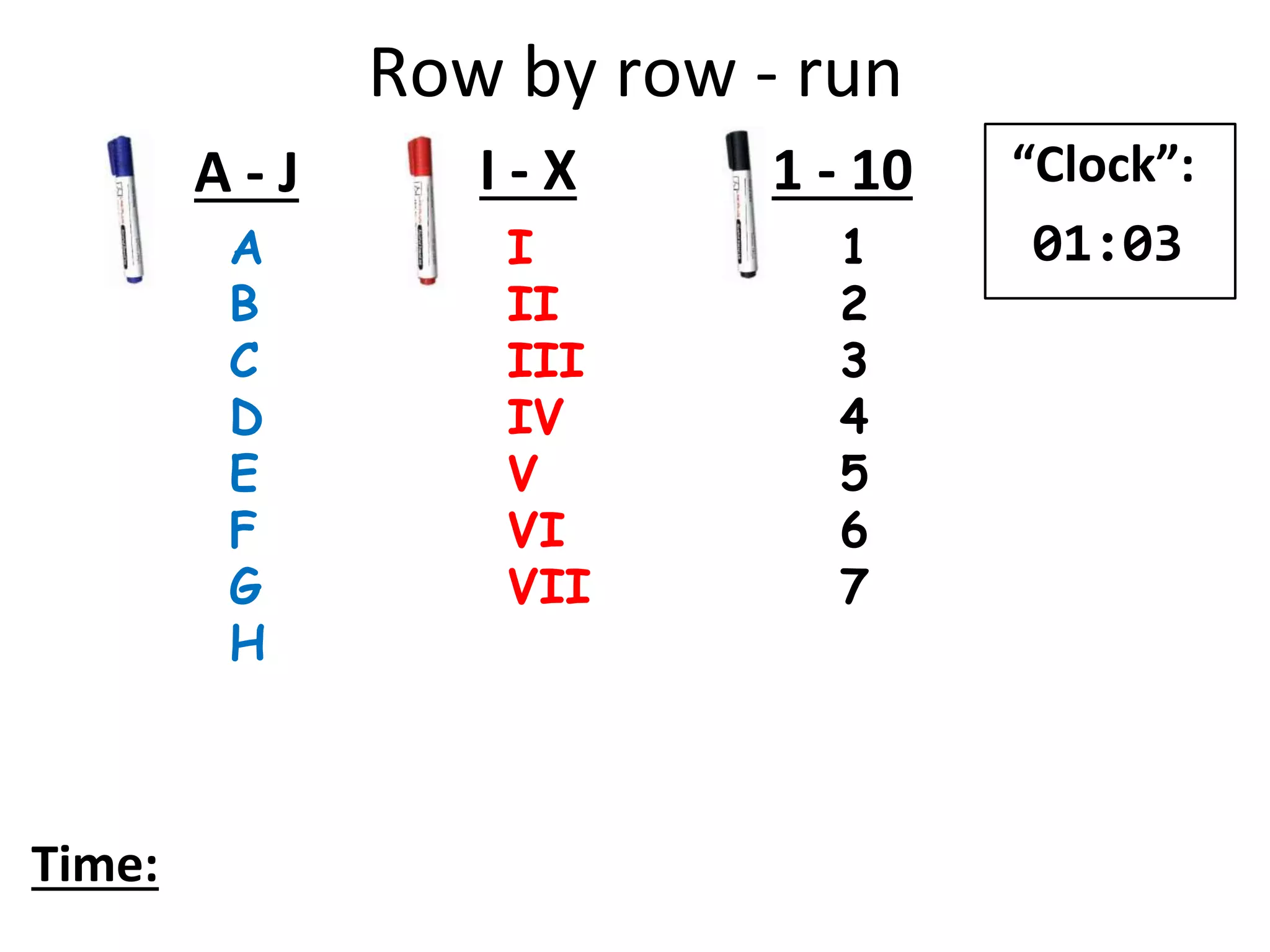 Row by row - run
A
B
C
D
E
F
G
H
I
II
III
IV
V
VI
VII
1
2
3
4
5
6
7
A - J I - X 1 - 10
Time:
“Clock”:
01:03
 