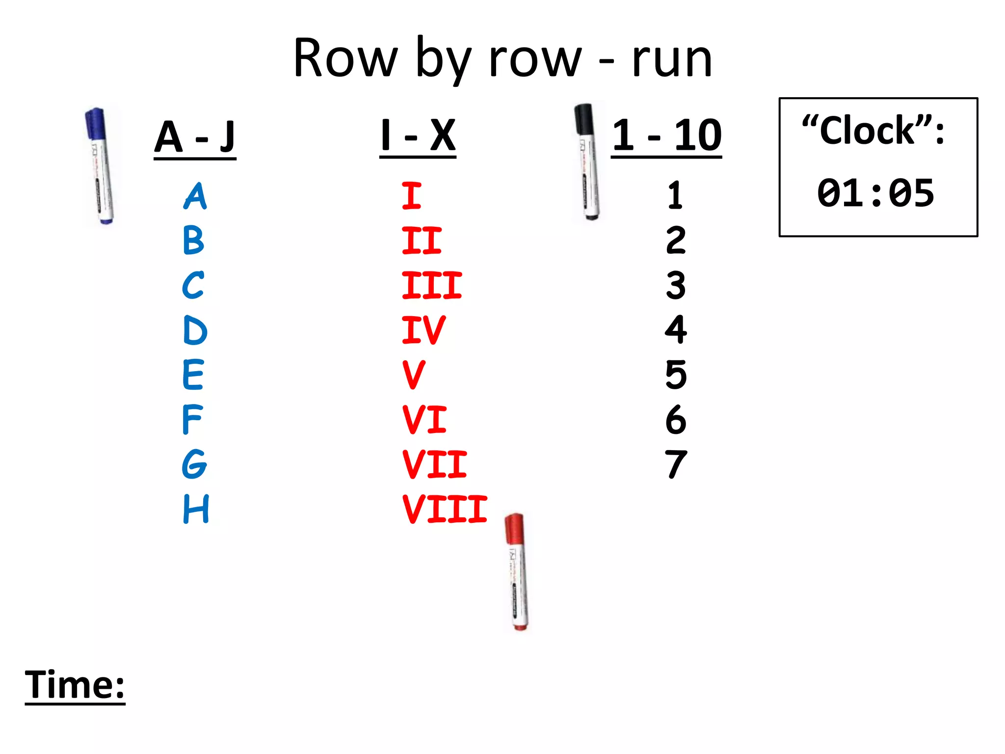 Row by row - run
A
B
C
D
E
F
G
H
I
II
III
IV
V
VI
VII
VIII
1
2
3
4
5
6
7
A - J I - X 1 - 10
Time:
“Clock”:
01:05
 