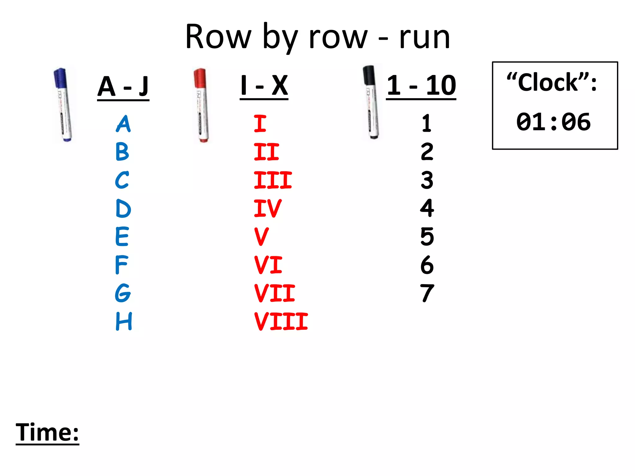 Row by row - run
A
B
C
D
E
F
G
H
I
II
III
IV
V
VI
VII
VIII
1
2
3
4
5
6
7
A - J I - X 1 - 10
Time:
“Clock”:
01:06
 