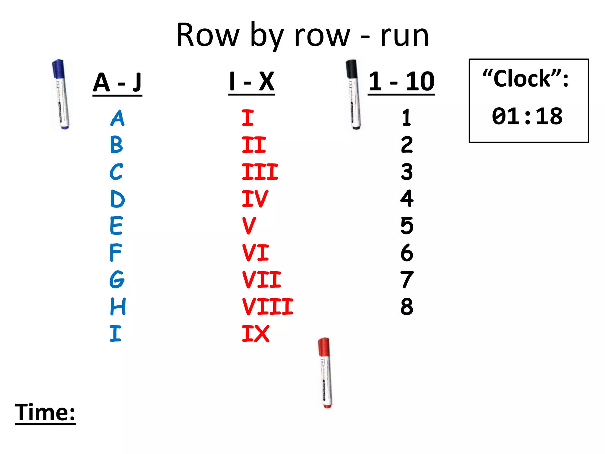 Row by row - run
A
B
C
D
E
F
G
H
I
I
II
III
IV
V
VI
VII
VIII
IX
1
2
3
4
5
6
7
8
A - J I - X 1 - 10
Time:
“Clock”:
01:18
 