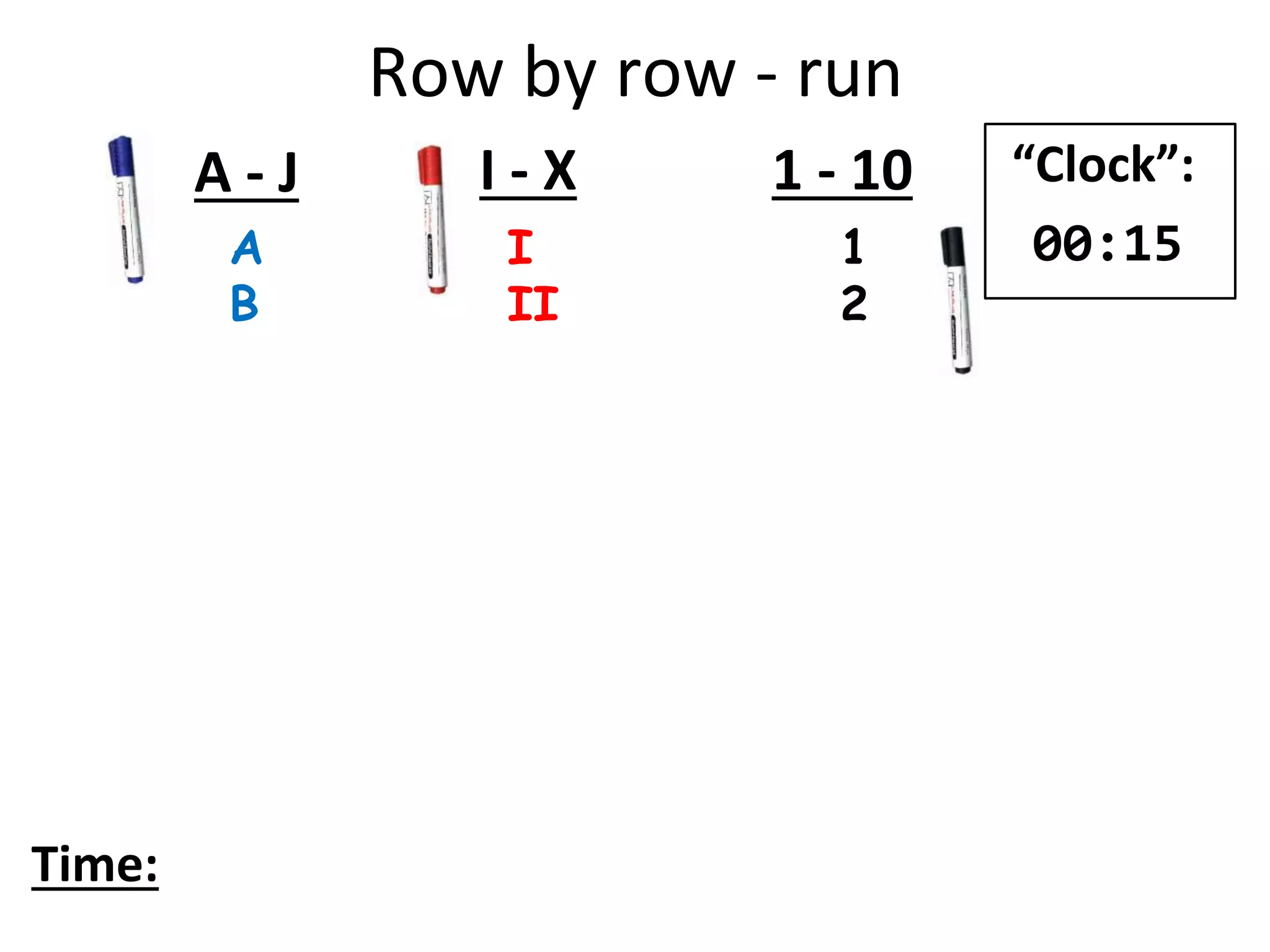Row by row - run
A
B
I
II
1
2
A - J I - X 1 - 10
Time:
“Clock”:
00:15
 