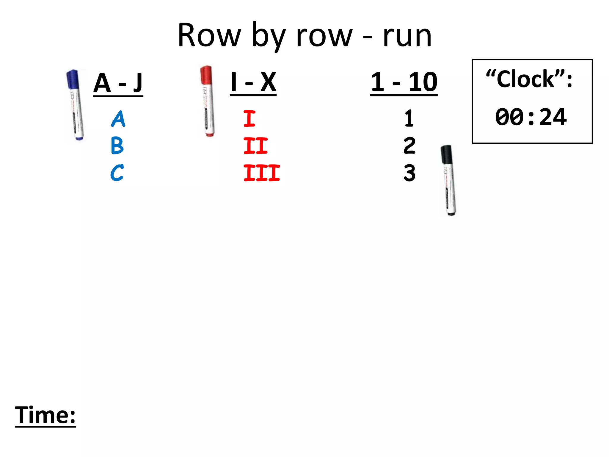 Row by row - run
A
B
C
I
II
III
1
2
3
A - J I - X 1 - 10
Time:
“Clock”:
00:24
 