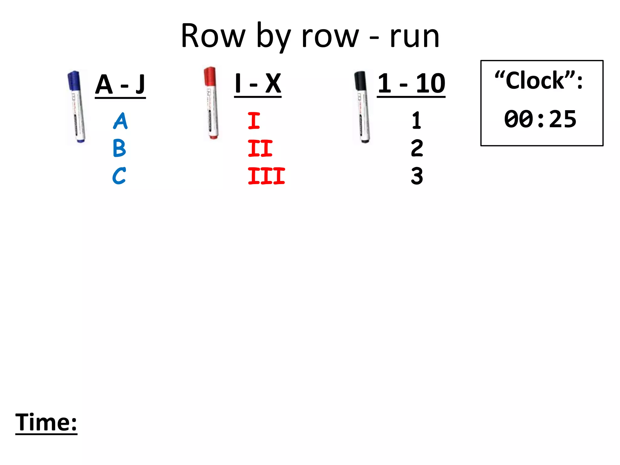 Row by row - run
A
B
C
I
II
III
1
2
3
A - J I - X 1 - 10
Time:
“Clock”:
00:25
 