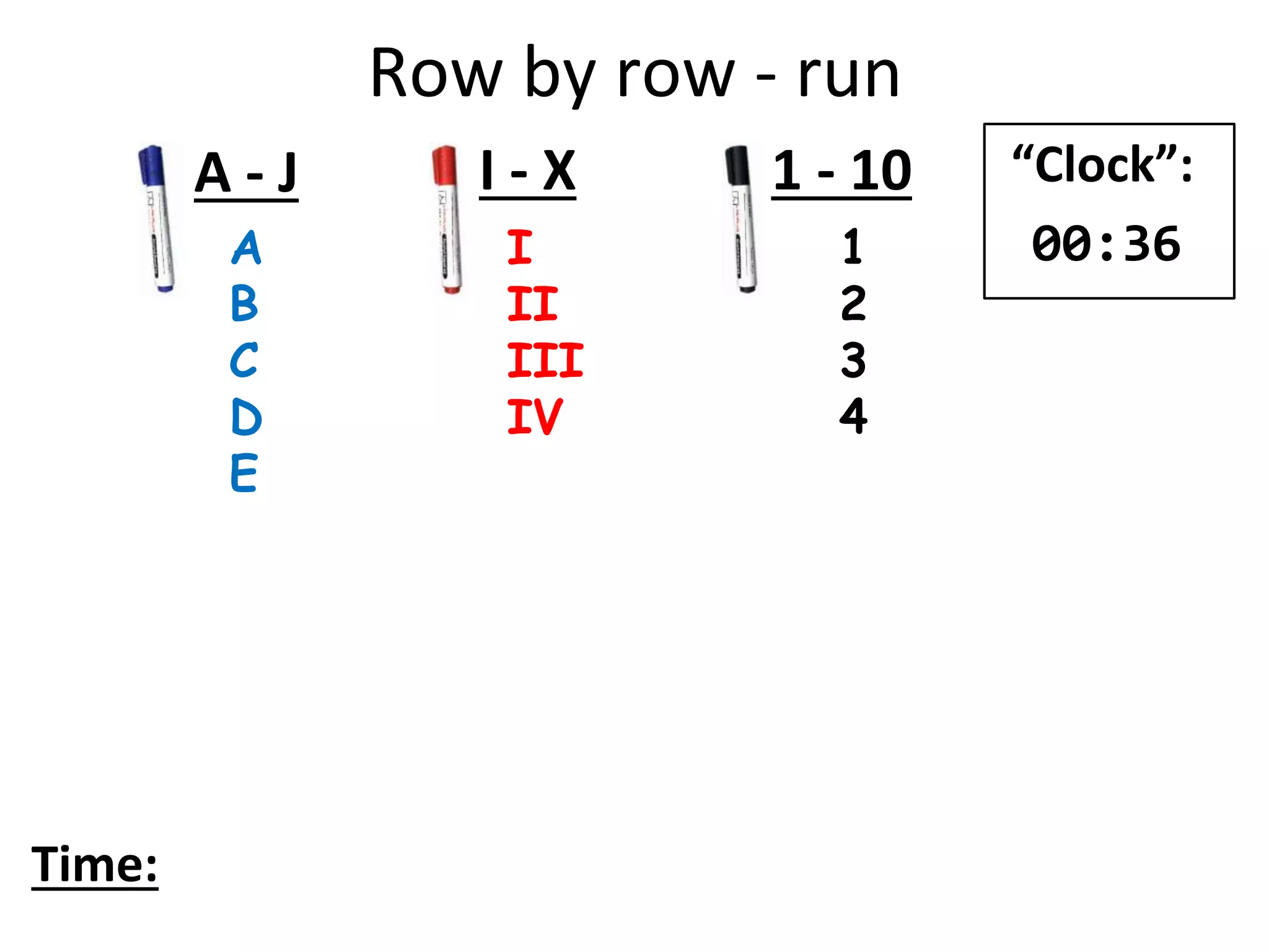 Row by row - run
A
B
C
D
E
I
II
III
IV
1
2
3
4
A - J I - X 1 - 10
Time:
“Clock”:
00:36
 
