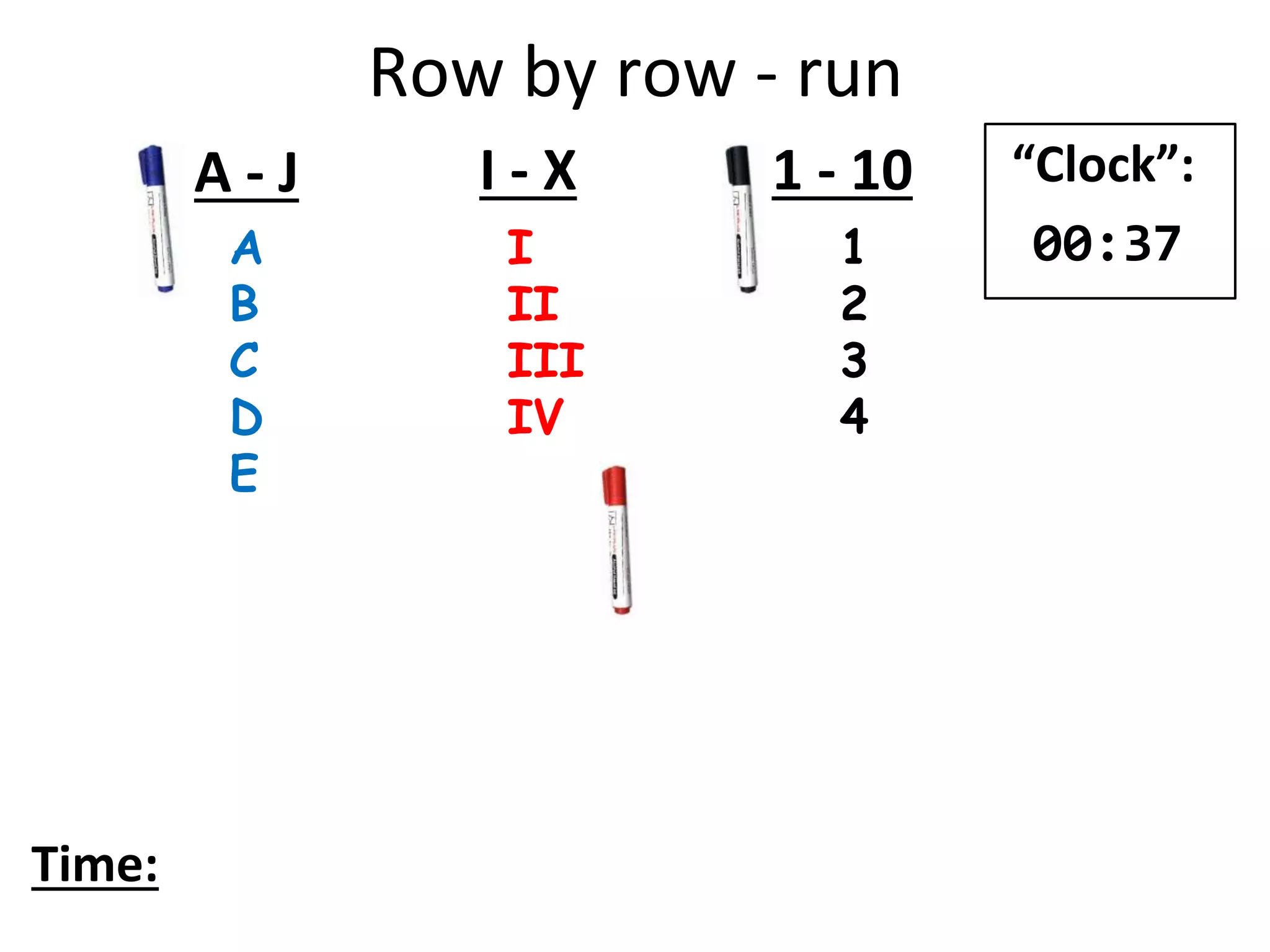 Row by row - run
A
B
C
D
E
I
II
III
IV
1
2
3
4
A - J I - X 1 - 10
Time:
“Clock”:
00:37
 